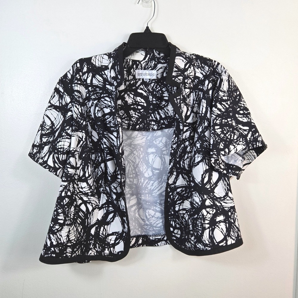 Studio 1 Women Black White Abstract Scribble ShortSleeve Open Cropped Jacket 20W